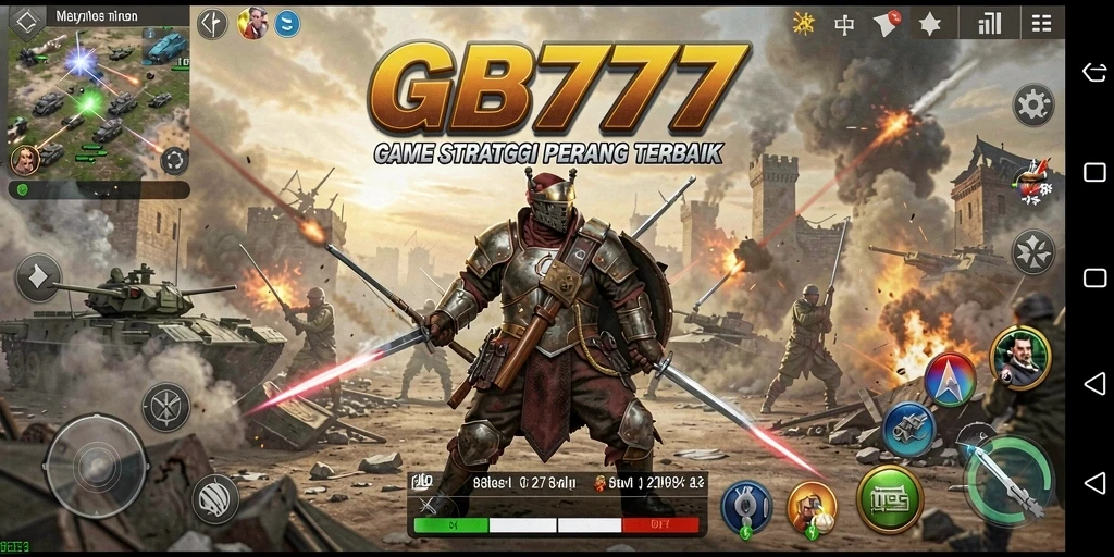 Screenshot utama GB777 menunjukkan gameplay strategi perang yang intens.