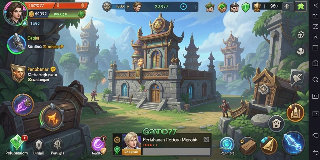 Screenshot gameplay GOTO77 menampilkan aksi menara pertahanan melawan musuh.