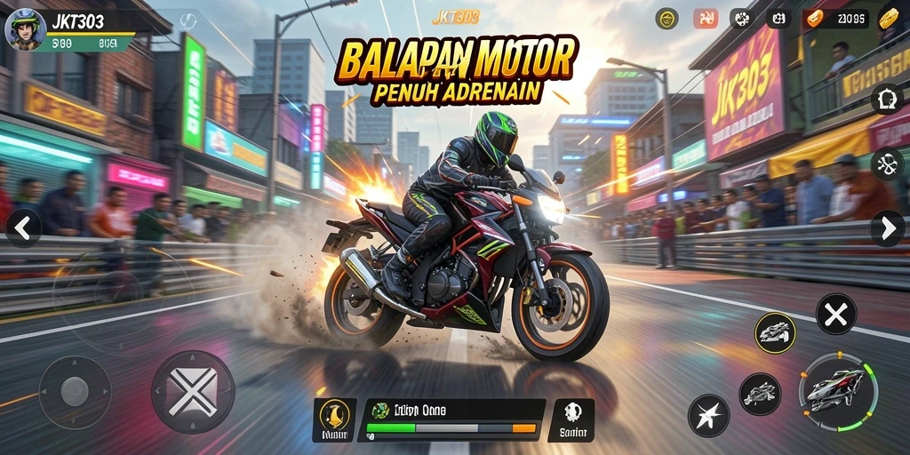 Tampilan utama gameplay JKT303 menampilkan aksi balapan motor yang mendebarkan.
