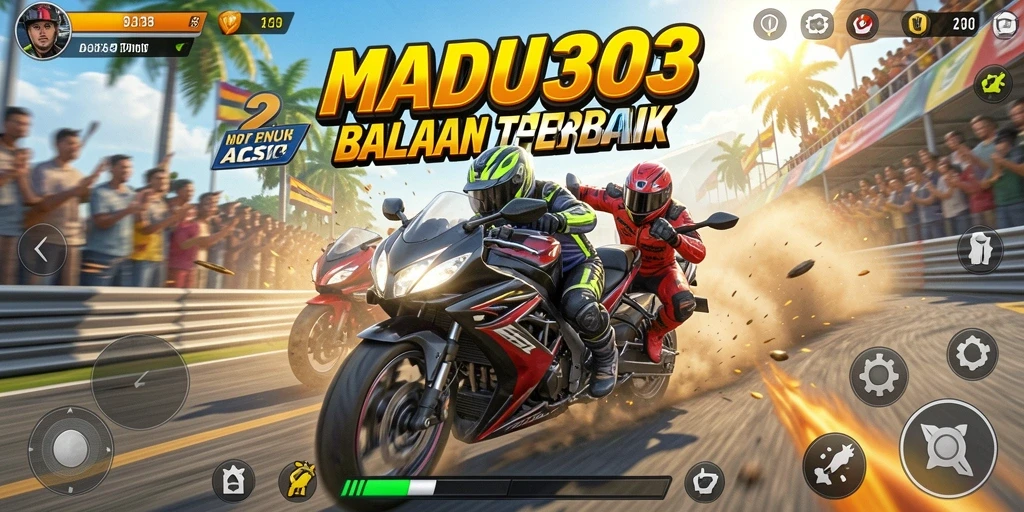 Screenshot MADU303 menampilkan aksi balapan motor yang seru.