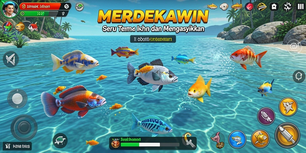 Tangkapan layar menampilkan gameplay seru dari game Tembak Ikan MERDEKAWIN.