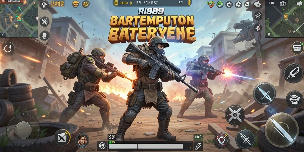 Tangkapan layar utama RI889 menampilkan aksi pertempuran seru dalam game Battle Royale.