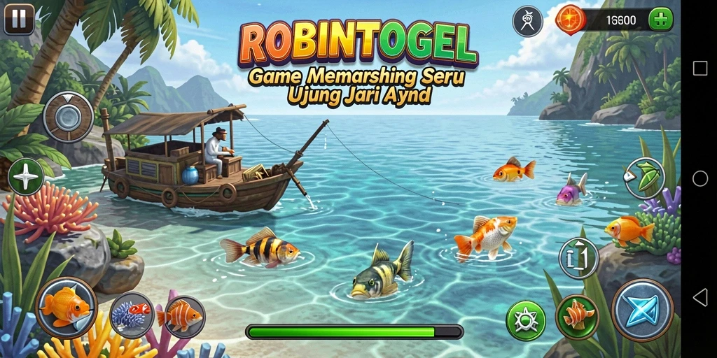 Screenshot dari permainan ROBINTOGEL menunjukkan aksi memancing yang seru.