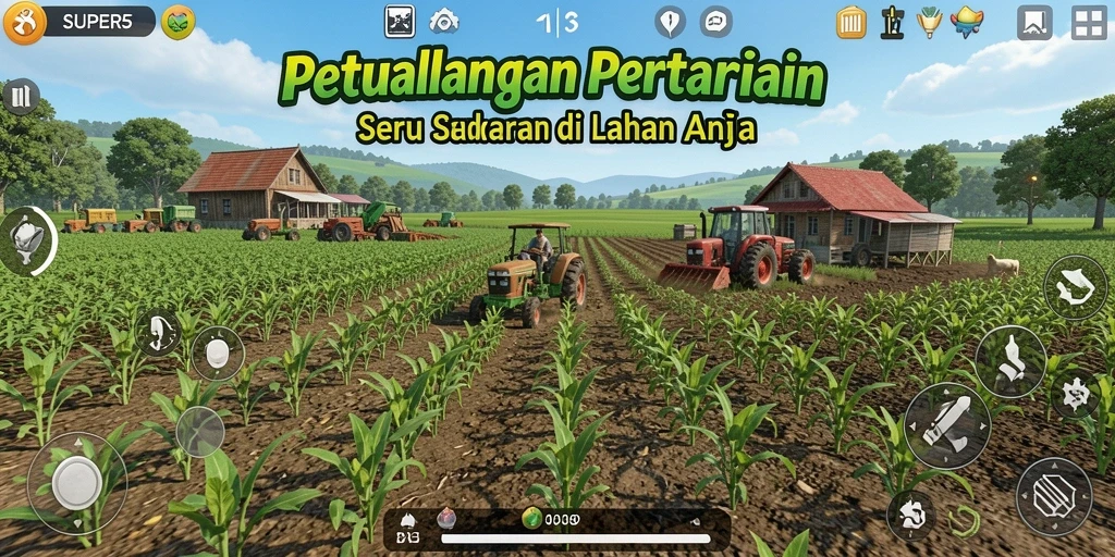 Tangkapan layar dari gameplay SUPER5 yang menunjukkan kebun yang rimbun dan tanaman subur.