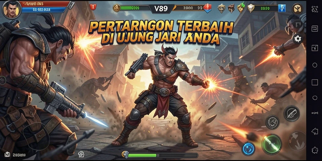 Tampilan seru pertarungan dalam game V89 dengan karakter bertarung.